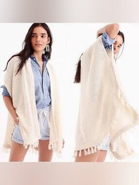 J. Crew Haven Linen Cream Beach Sweater Fringe Poncho Cardigan NWT S/M